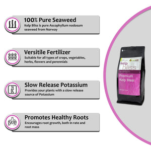 100% Pure Seaweed, Versatile Fertilizer, Slow release potassium, Promotes healthy roots.