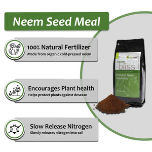 Neem Bliss premium neem seed meal is 100% natural, encourages plant growth, and slowly releases nitrogen.