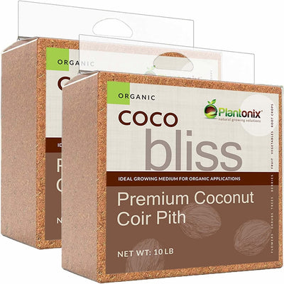 Two blocks of premium coconut coir pith aligned in a row. 