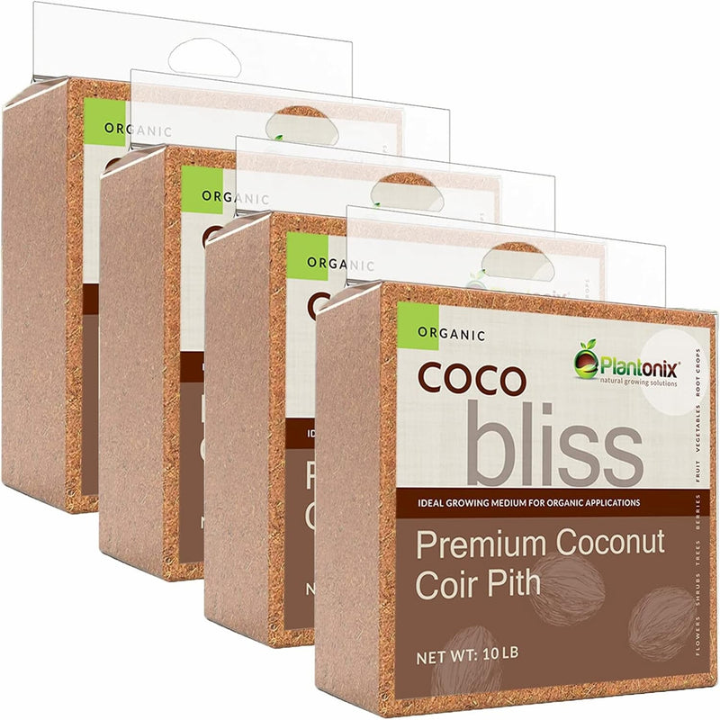 A row of four ten pound blocks of premium coconut coir pith. 