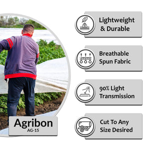 Infographic for Agribon AG-15: Agribon AG-15 allows for 90% light transmission, is lightweight and durable and made out of breathable spun-bond polypropylene, and can be cut to any size desired.