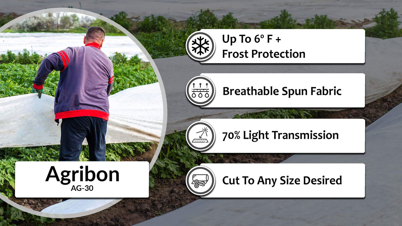 Agribon AG-30 landscape protection fabric infographic: up to 6 degrees plus of frost protection, breathable spun-bond fabric, 70% light transmission, can be cut to any size desired. 