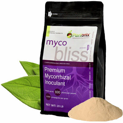 A five pound bag of premium mycorrhizal inoculant in powder form. There is a loose pile of powder to show texture.