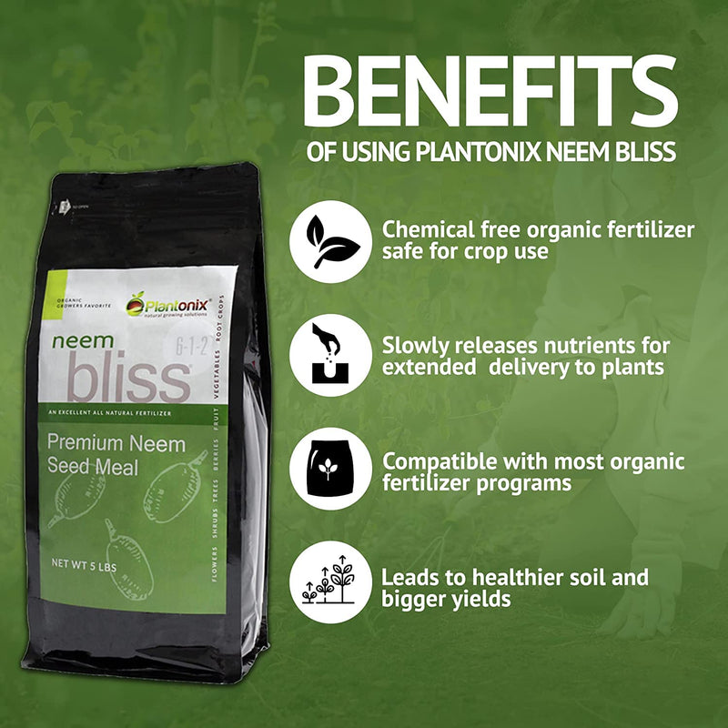 A 5lb bag of Neem Bliss next to a list of benefits to using neem seed meal. 