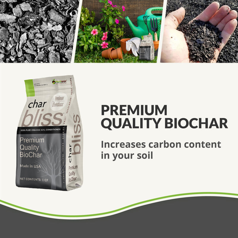 A bag of 1 quart premium quality biochar. Across the top are three images: a closeup of loose biochar to show texture, a bag of biochar in a garden, and a hand holding a loose pile of biochar.