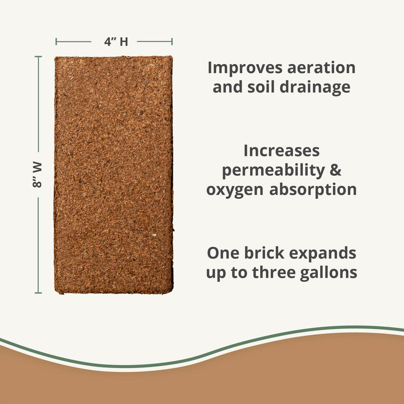 A dry brick of coco coir with dimensions next to benefits of using the product.