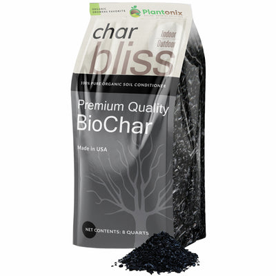 An eight quart bag of premium quality biochar. There is a loose pile of biochar to show texture.