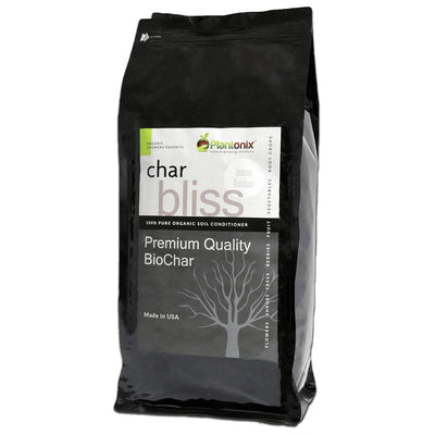 A black bag of premium quality biochar.