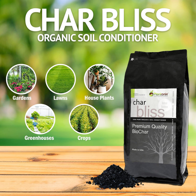 An infographic featuring a bag of premium quality biochar and its potential uses. 