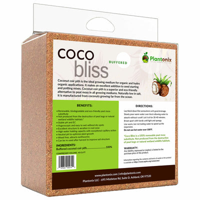 The back label of a ten pound block of buffered coconut coir that features benefits, ingredients, and directions of use.