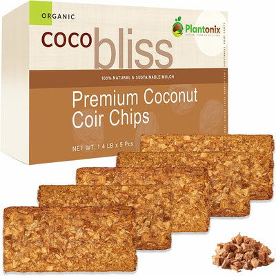 Five blocks of coconut husk chips in front of a box of premium coconut coir chips. There is a loose pile of chips to show texture. 