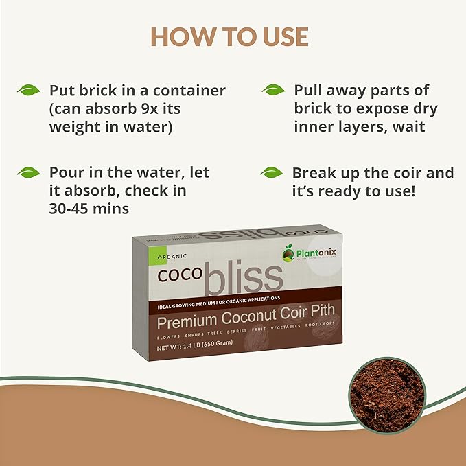 A six-hundred and fifty gram box of premium coconut coir pith under bullet points explaining how to use the product. There is a close up of hydrated coco coir to show texture. 