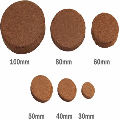 A chart showing the different available sizes of coco coir disks. 