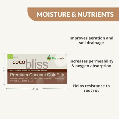A six-hundred and fifty gram box of premium coconut coir pith next to the product dimensions a few facts.
