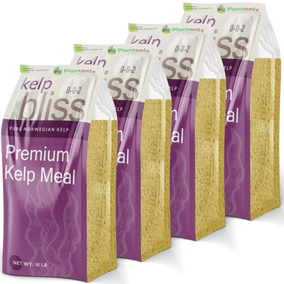 Four ten pound bags of premium kelp meal in a row. 