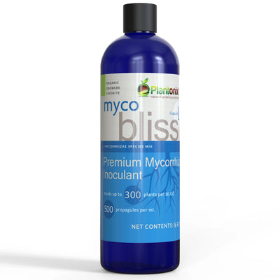 A sixteen fluid ounce bottle of Myco Bliss premium mycorrhizal inoculant.