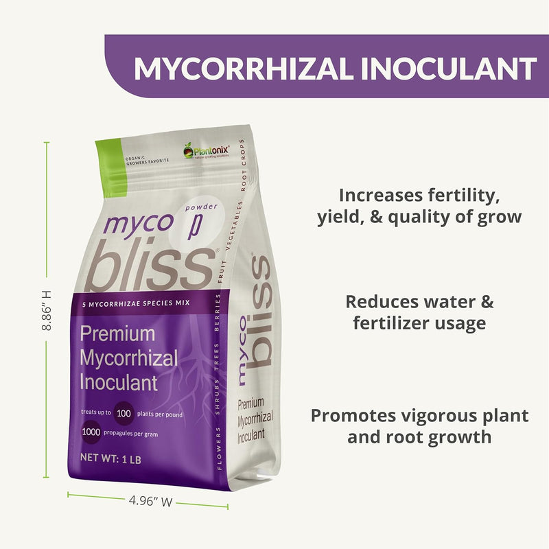 A bag of one pound Myco Bliss next to the bag dimensions and a list of product benefits.