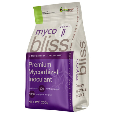 A two-hundred gram bag of premium mycorrhizal inoculant in powder form. 