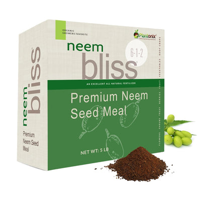 A five bound box of premium neem seed meal. There is a bundle of green neem seeds and a loose pile of neem seed meal to show texture. 