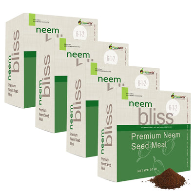 A row of four 10lb boxes of premium neem seed meal behind a loose pile of neem meal.