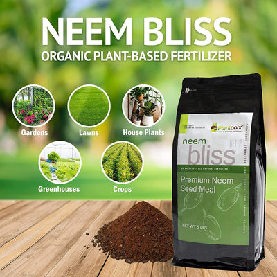 A loose pile of neem seed meal and a bag of Neem Bliss are sitting on a wooden deck under a list of product uses.