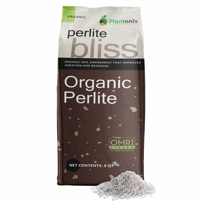 A front facing view of a bag of organic perlite. There is a loose pile of perlite in front of the bag to show texture. 