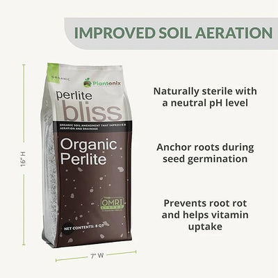 An infographic explaining the benefits of perlite. There is an eight quart bag of organic perlite and measurements showing the dimensions of sixteen inches in height and seven inches in width. 