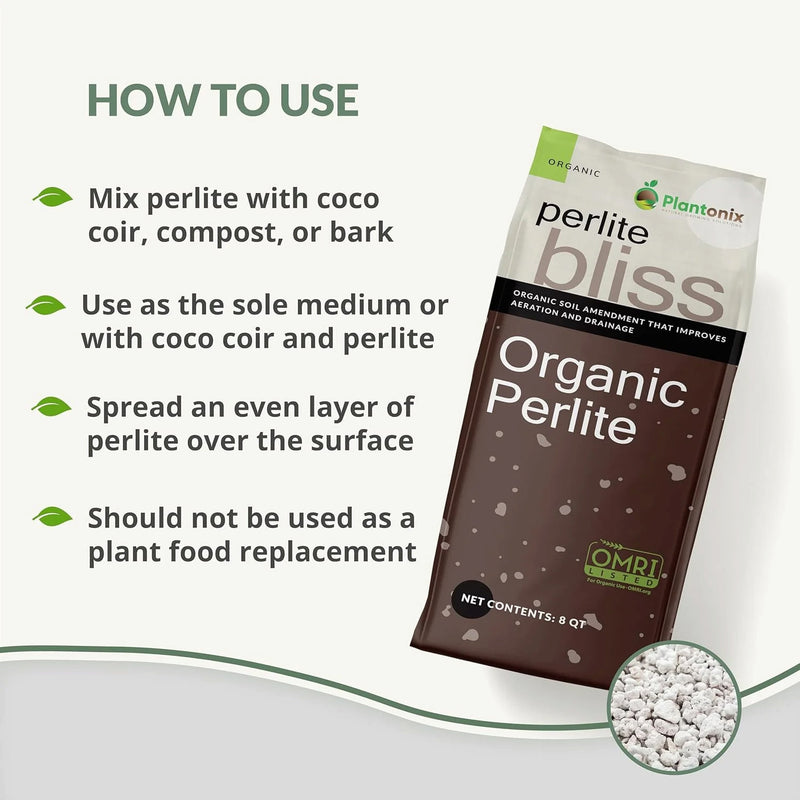 An infographic explaining how to use organic perlite. There is an eight quart bag of premium perlite and a close-up image of the perlite. 