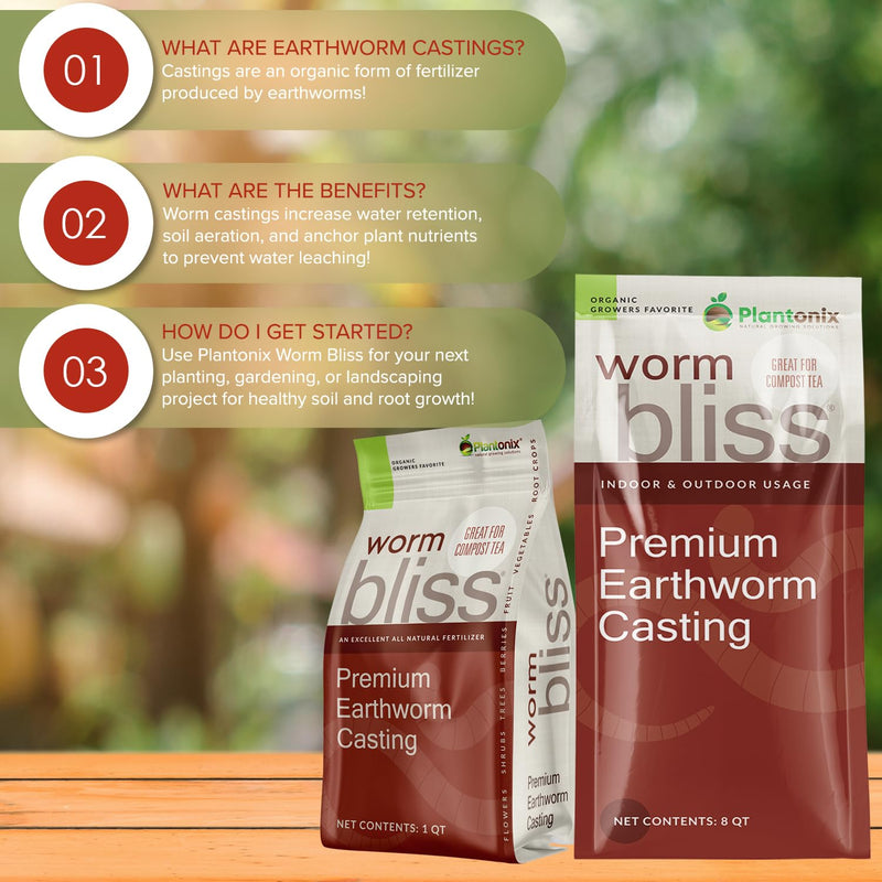 An infographic explaining what earthworm castings are, the benefits, and how to use. There are two bags of premium earthworm casting.