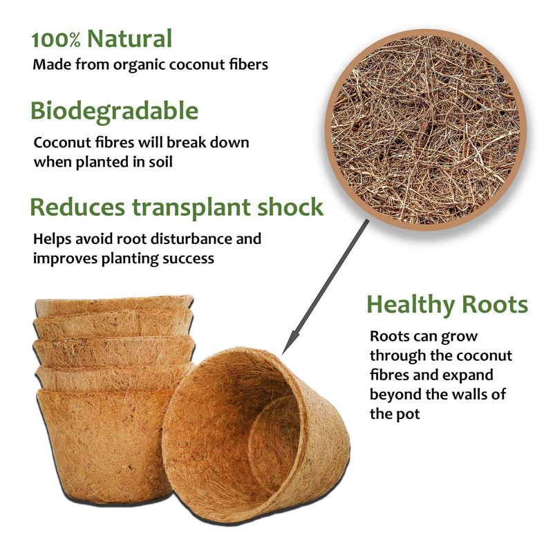 Infographic on coco coir pots. There is a stack of pots with one on its side. There is also a close up of the fibrous texture of the pots. 