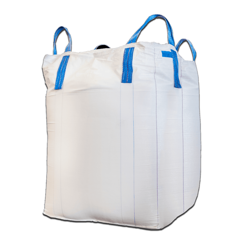 1 yard FIBC large white tote bag with four blue lifting loops.