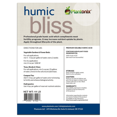 Plantonix Humic Bliss humic acid back label.