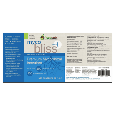 Plantonix Liquid Myco Bliss premium mycorrhizal inoculant back label.