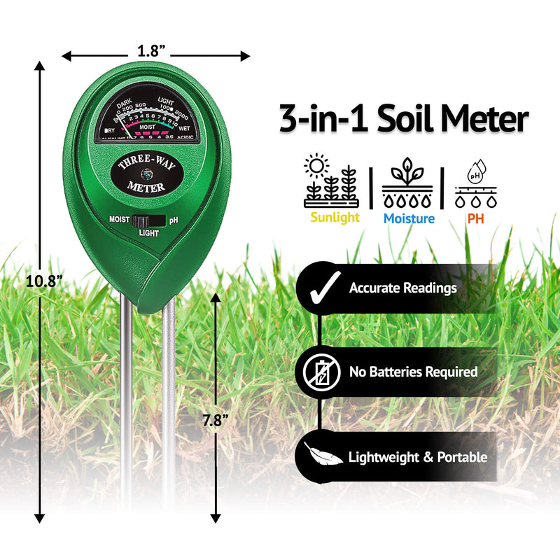 3 in 1 soil meter in the ground. Accurate readings, no batteries required, and it&