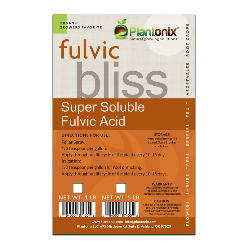 Plantonix Fulvic Bliss super soluble fulvic acid back label.